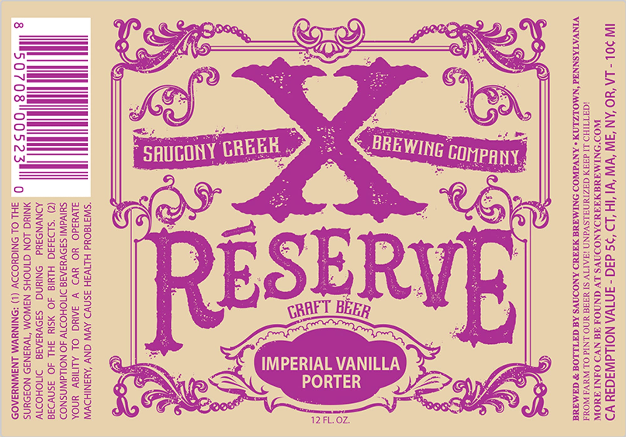 Reserve Imperial Vanilla Porter by Saucony Creek Brewing Company - beer label