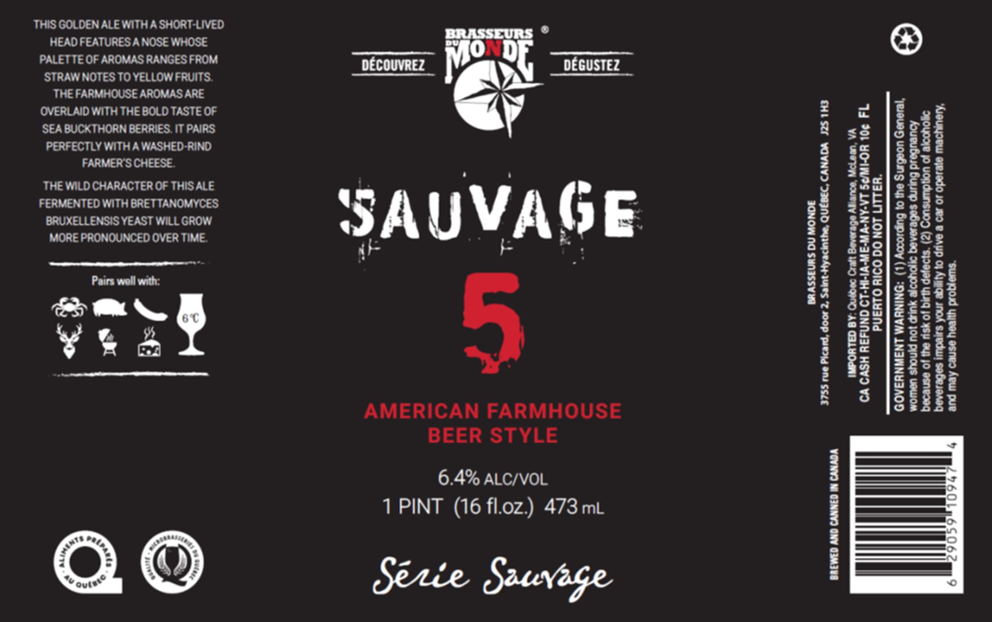 Sauvage 5 by Brasserie du Monde - beer label
