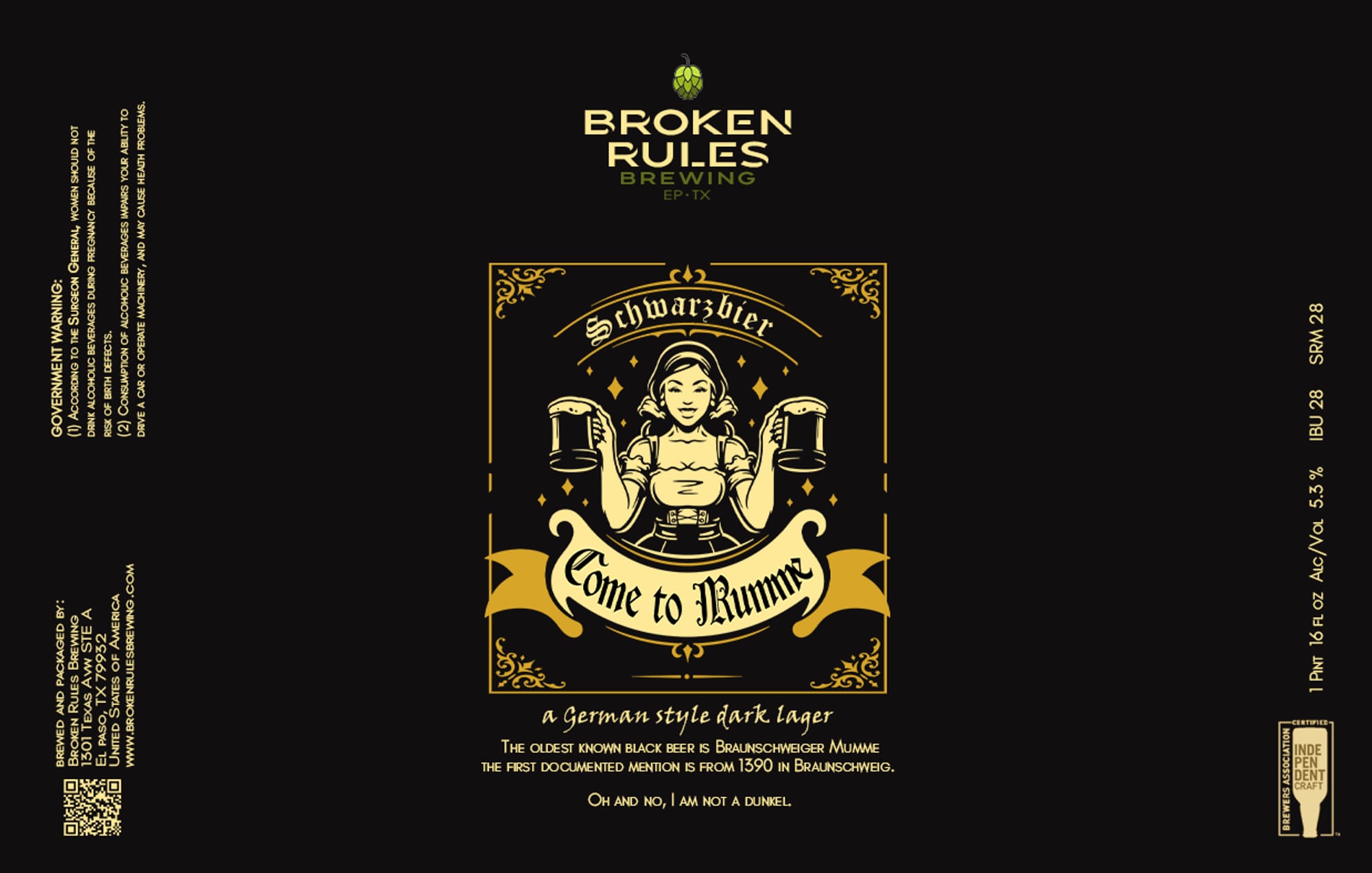 SCHWARZBIER GERMAN STYLE DARK LAGER by COME TO MUMME - beer label