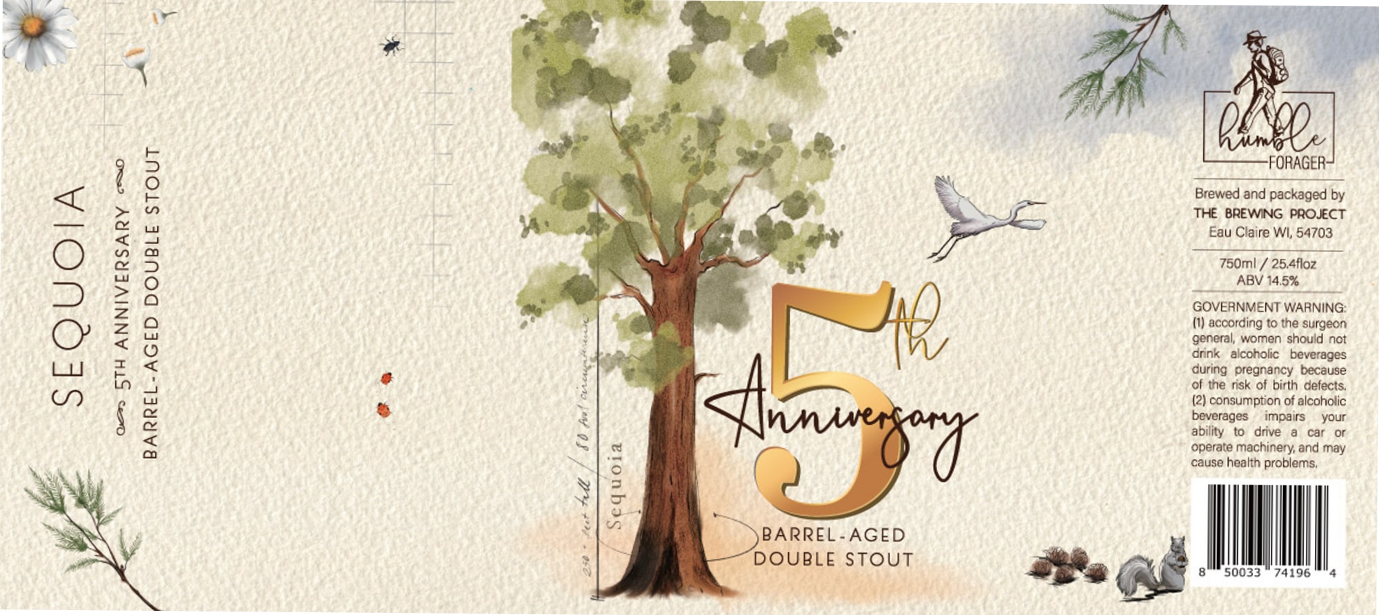 Sequoia 5th Anniversary Barrel-Aged Double Stout by Humble Forager / The Brewing Projekt - beer label