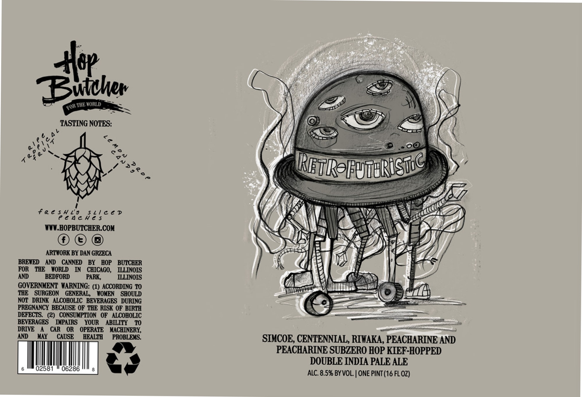 Simcoe, Centennial, Riwalka, Peacharine Hop by Hop Butcher For The World - beer label