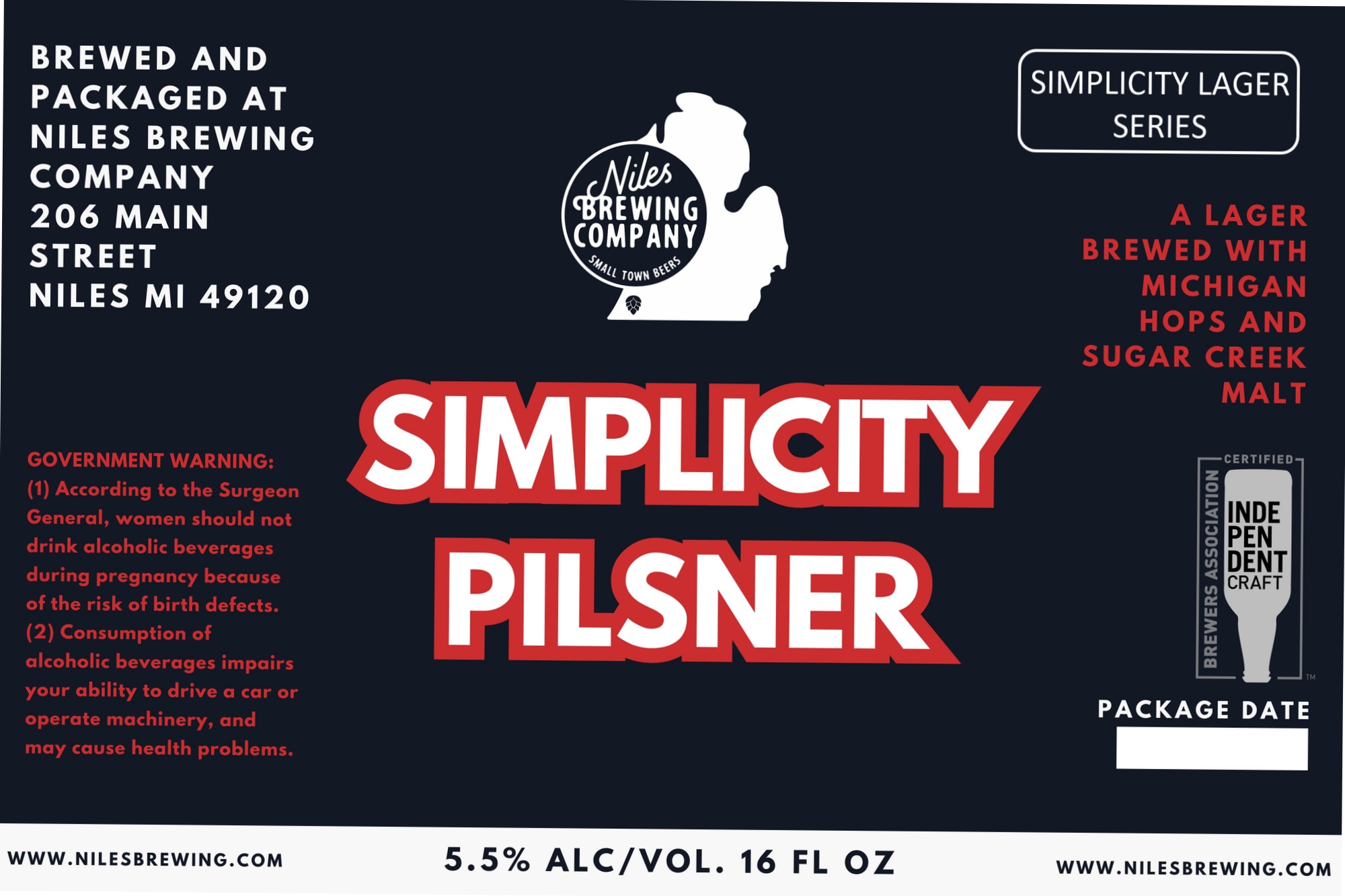 Simplicity Pilsner by Niles Brewing Company - beer label