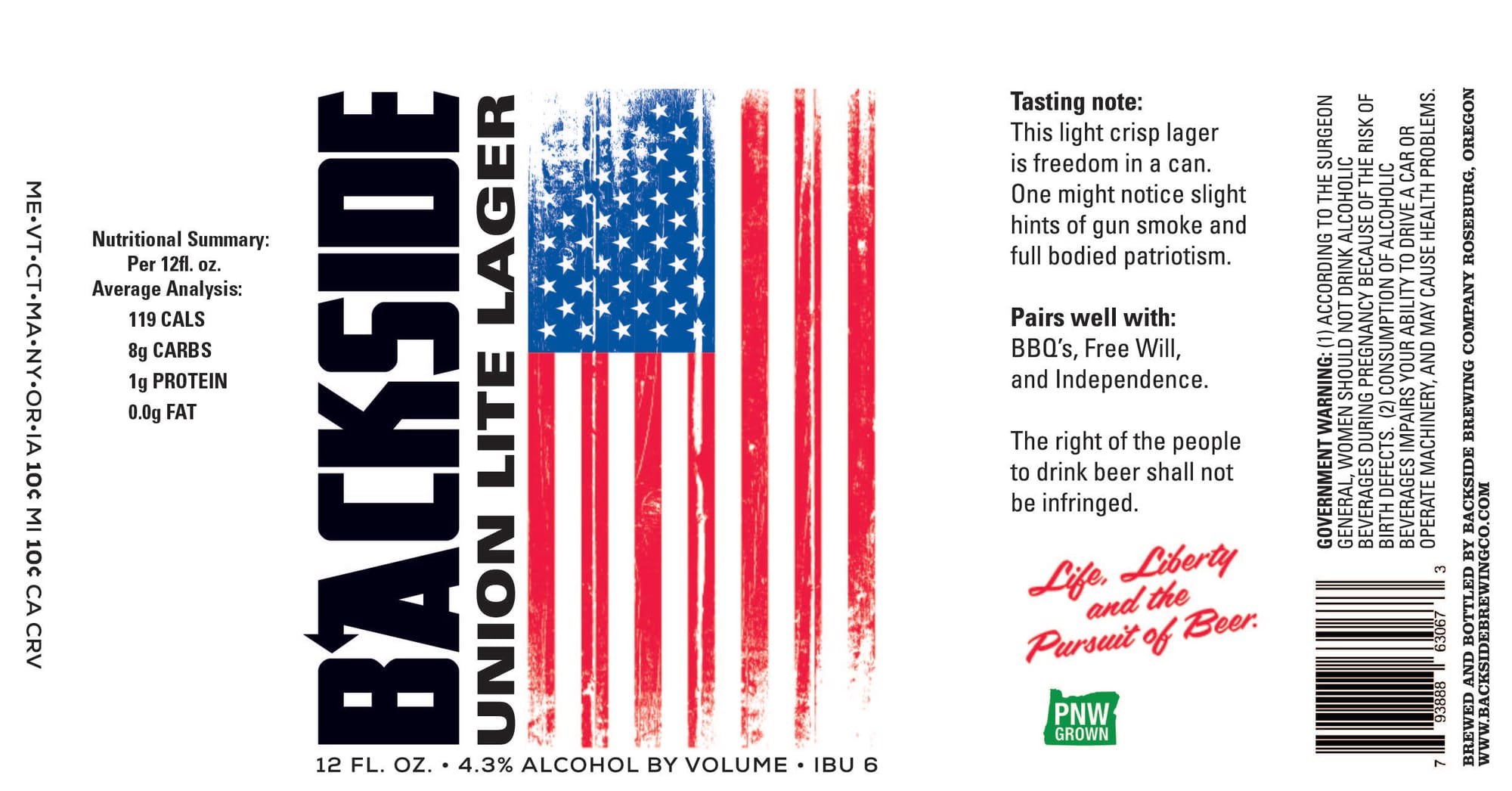 Backside Union Lite Lager by PNW Grown - beer label