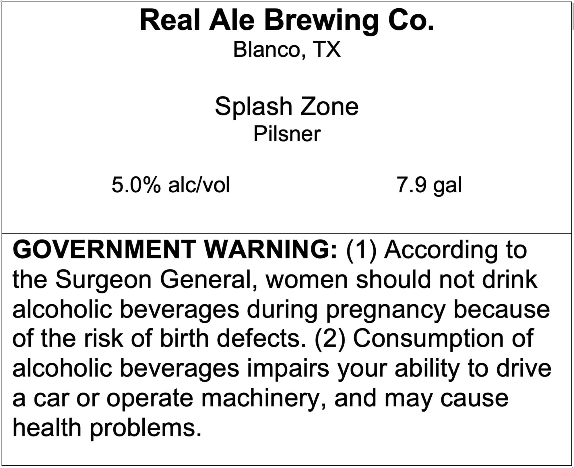 Splash Zone by Real Ale Brewing Co. - beer label