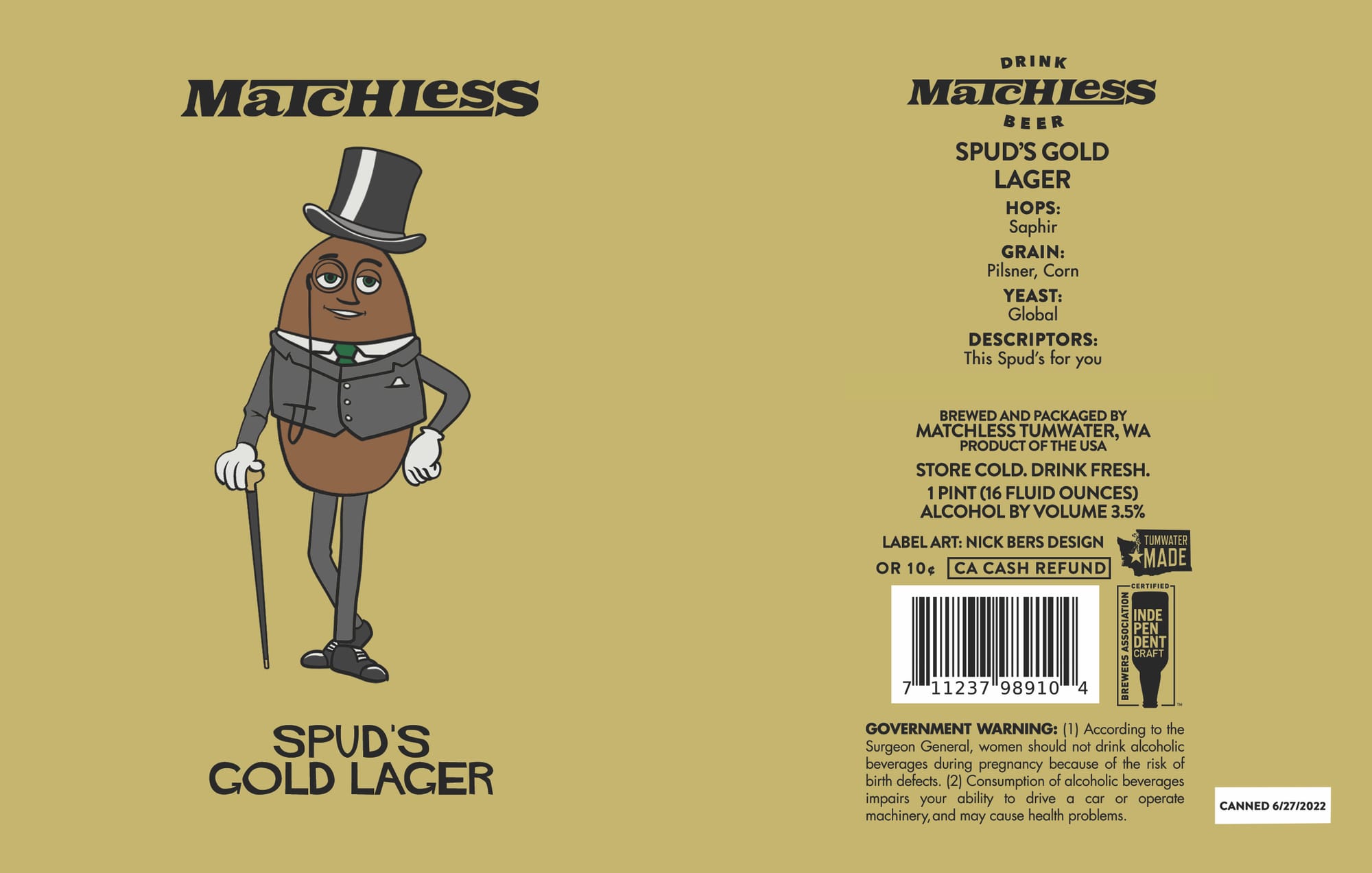Spud’s Gold Lager by Matchless Brewing - beer label