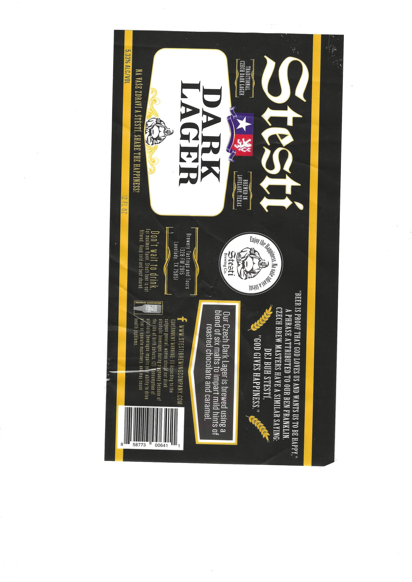Stesti Traditional Dark Lager by Staropramen - beer label