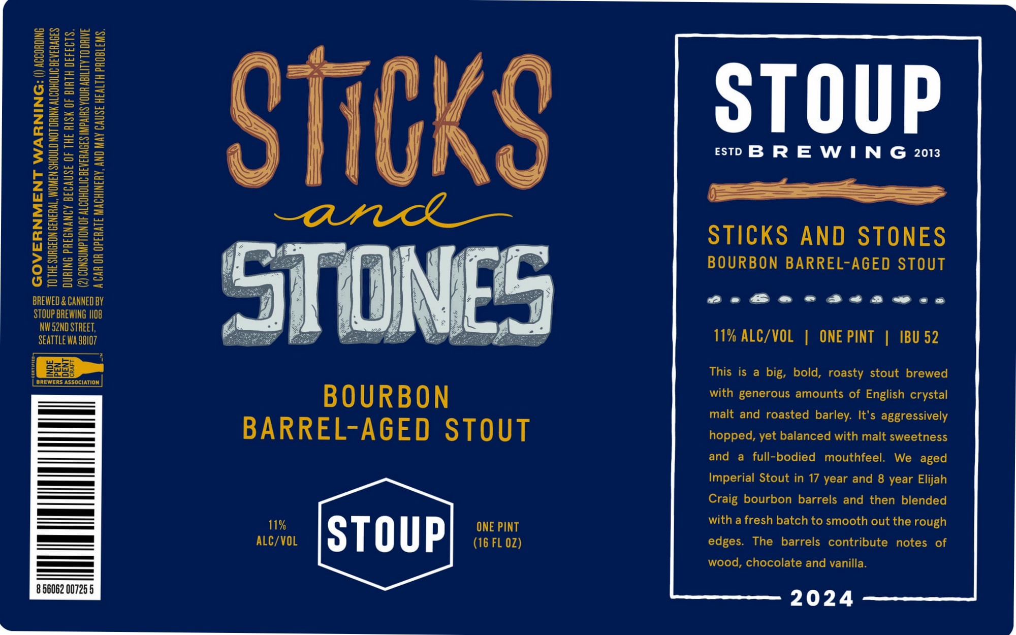 Sticks and Stones Bourbon Barrel-Aged Stout by Stoup Brewing - beer label