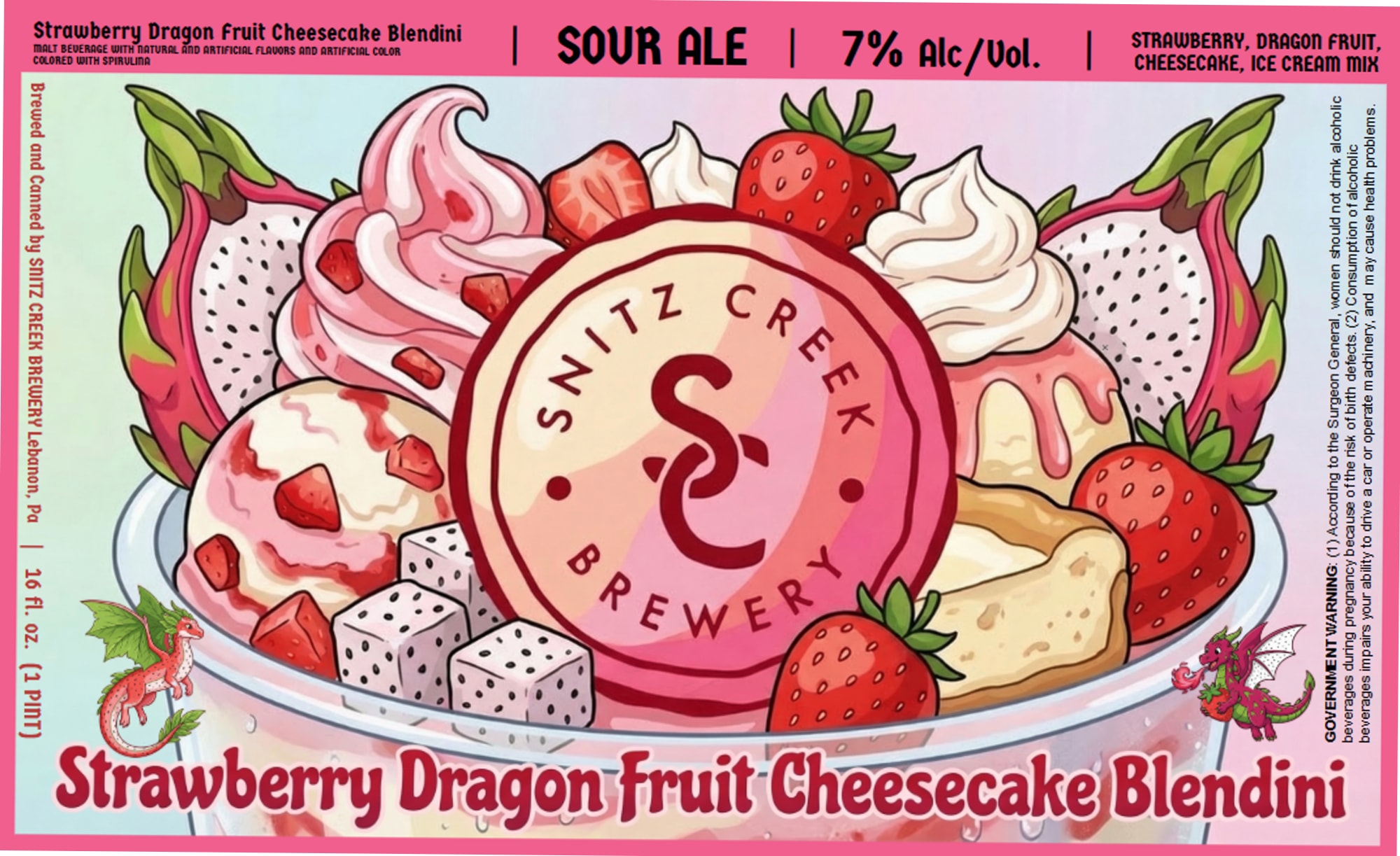 Strawberry Dragon Fruit Cheesecake Blendini by Snitz Creek Brewery - beer label
