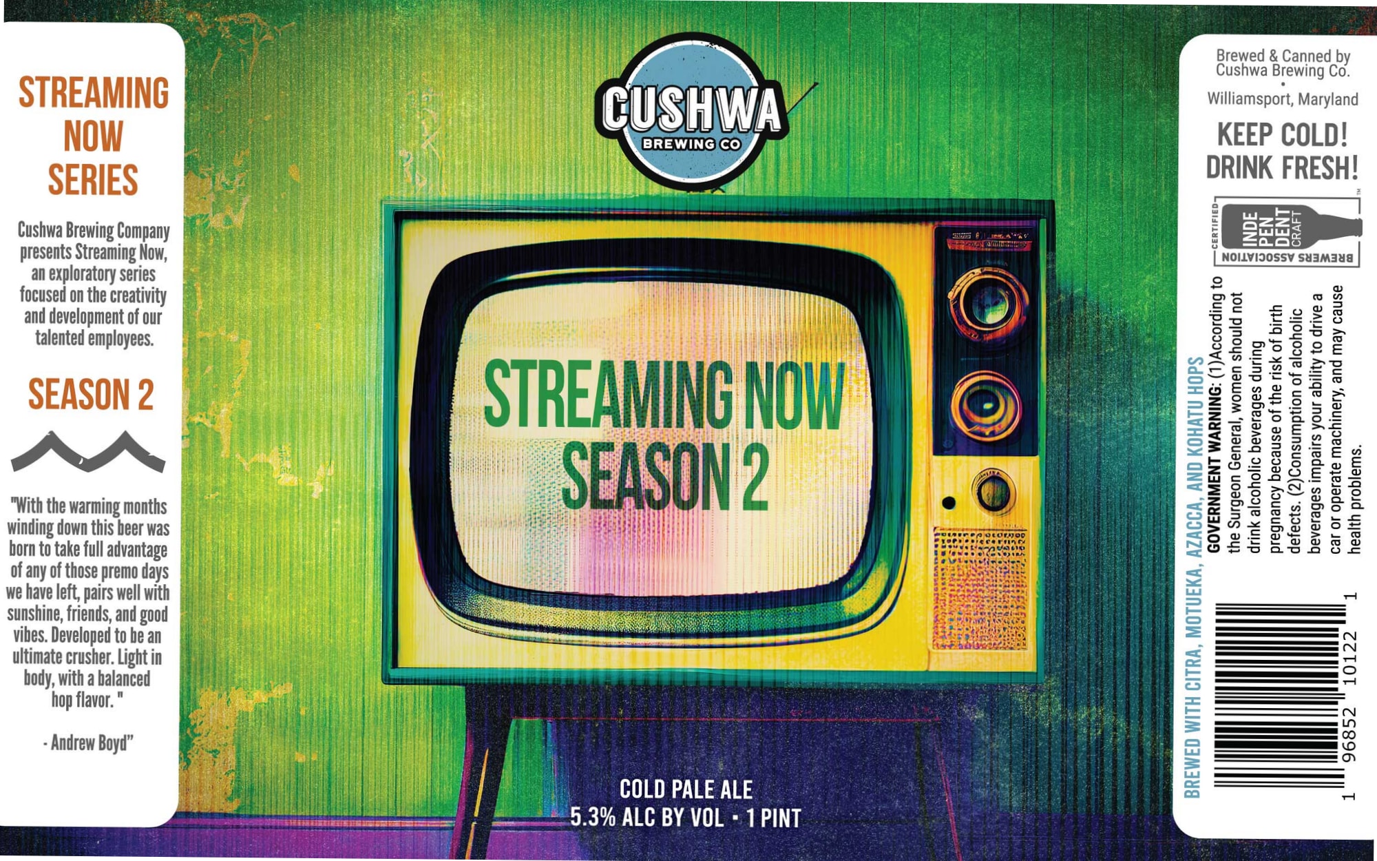 Streaming Now Season 2 by Cushwa Brewing Co. - beer label