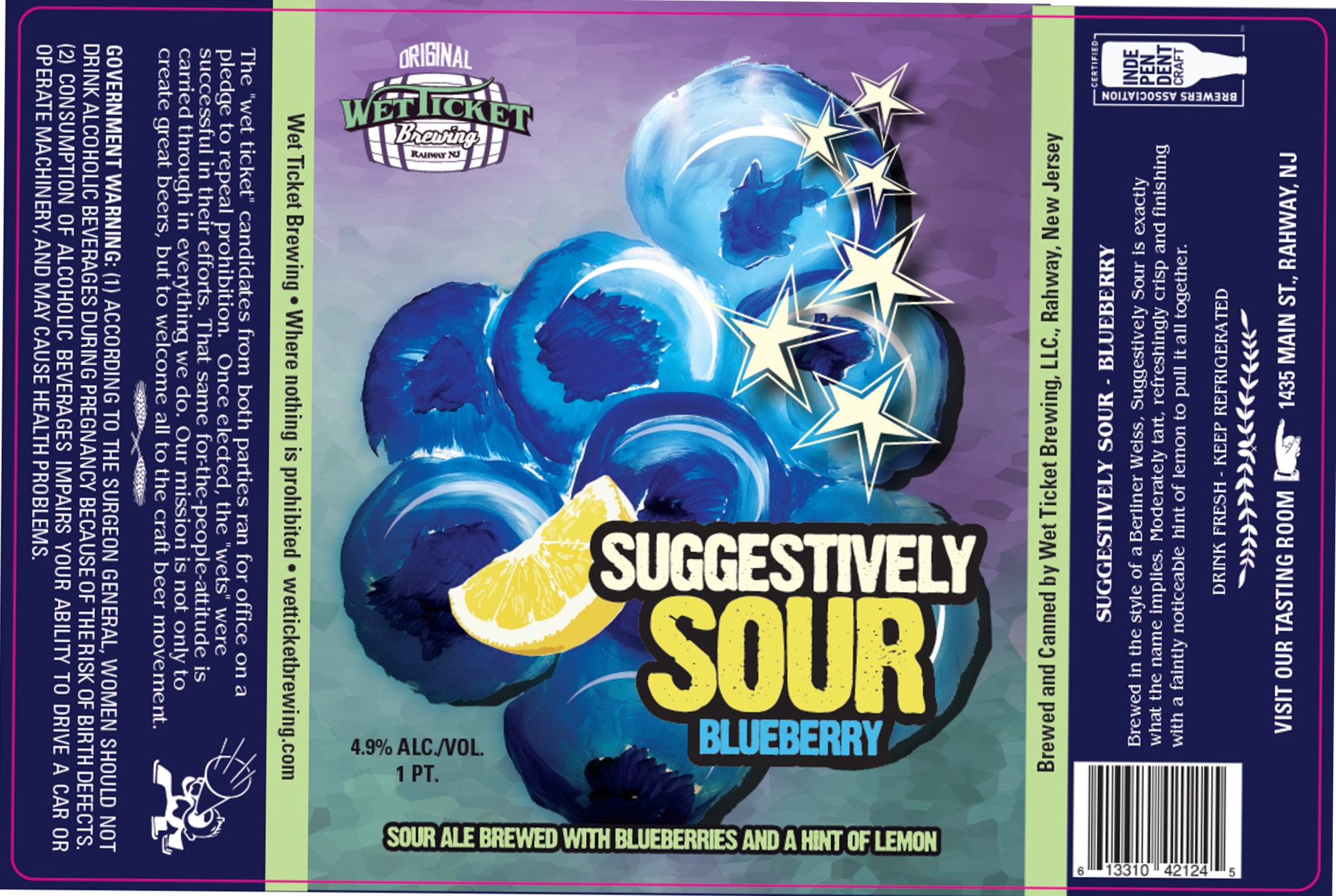 Suggestively Sour Blueberry by Wet Ticket Brewing - beer label