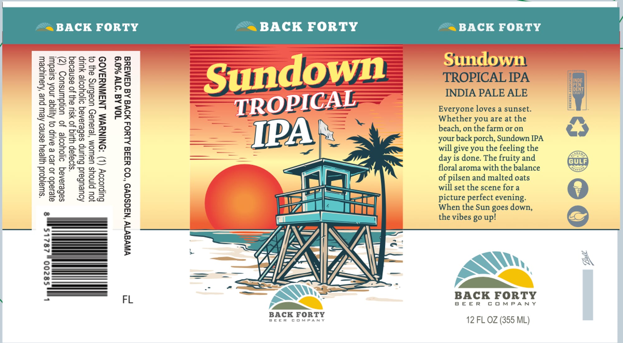 Sundown Tropical IPA by Back Forty Beer Company - beer label