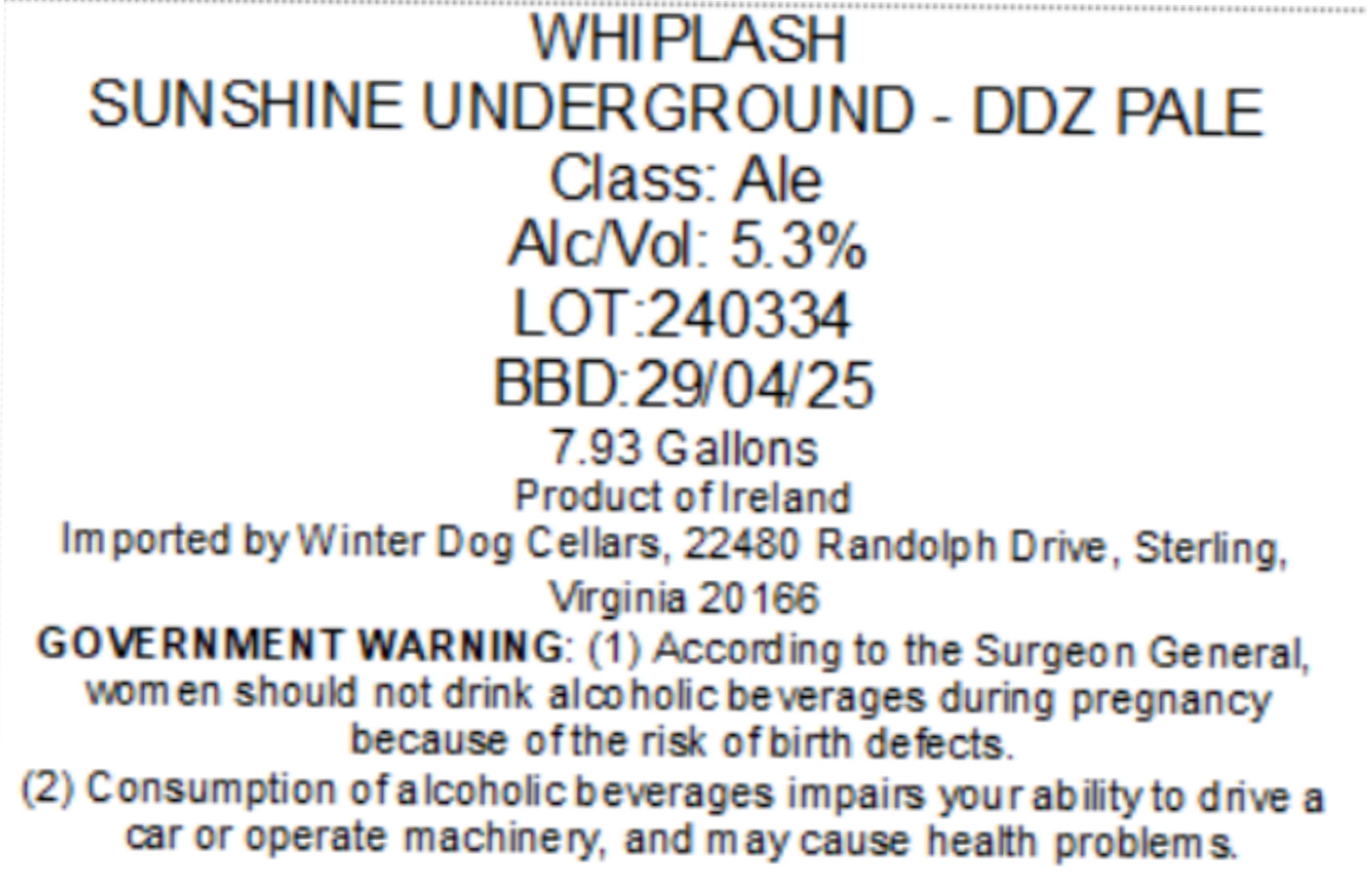 Sunshine Underground - DDZ Pale by Whiplash - beer label