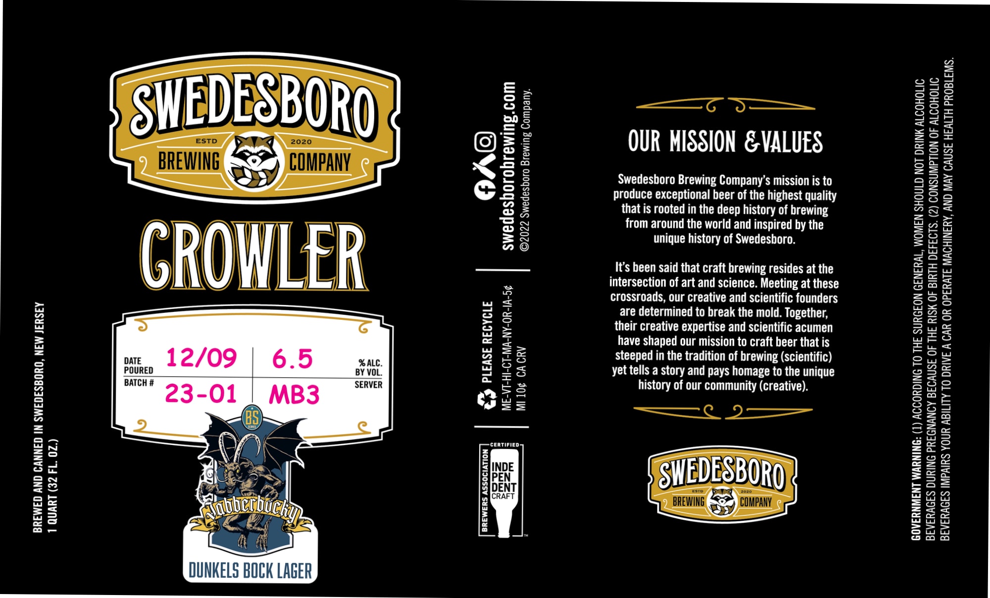 Growler by Swedesboro Brewing Company - beer label