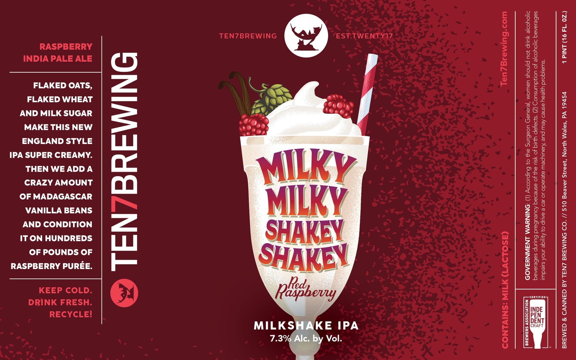 Raspberry Milkshake IPA by Ten7 Brewing - beer label