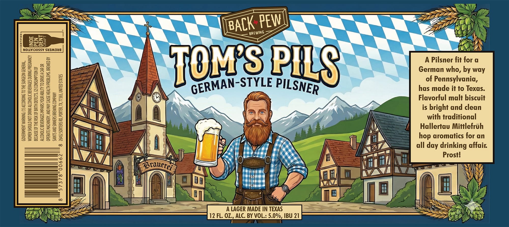Tom’s Pils by Back Pew Brewing - beer label