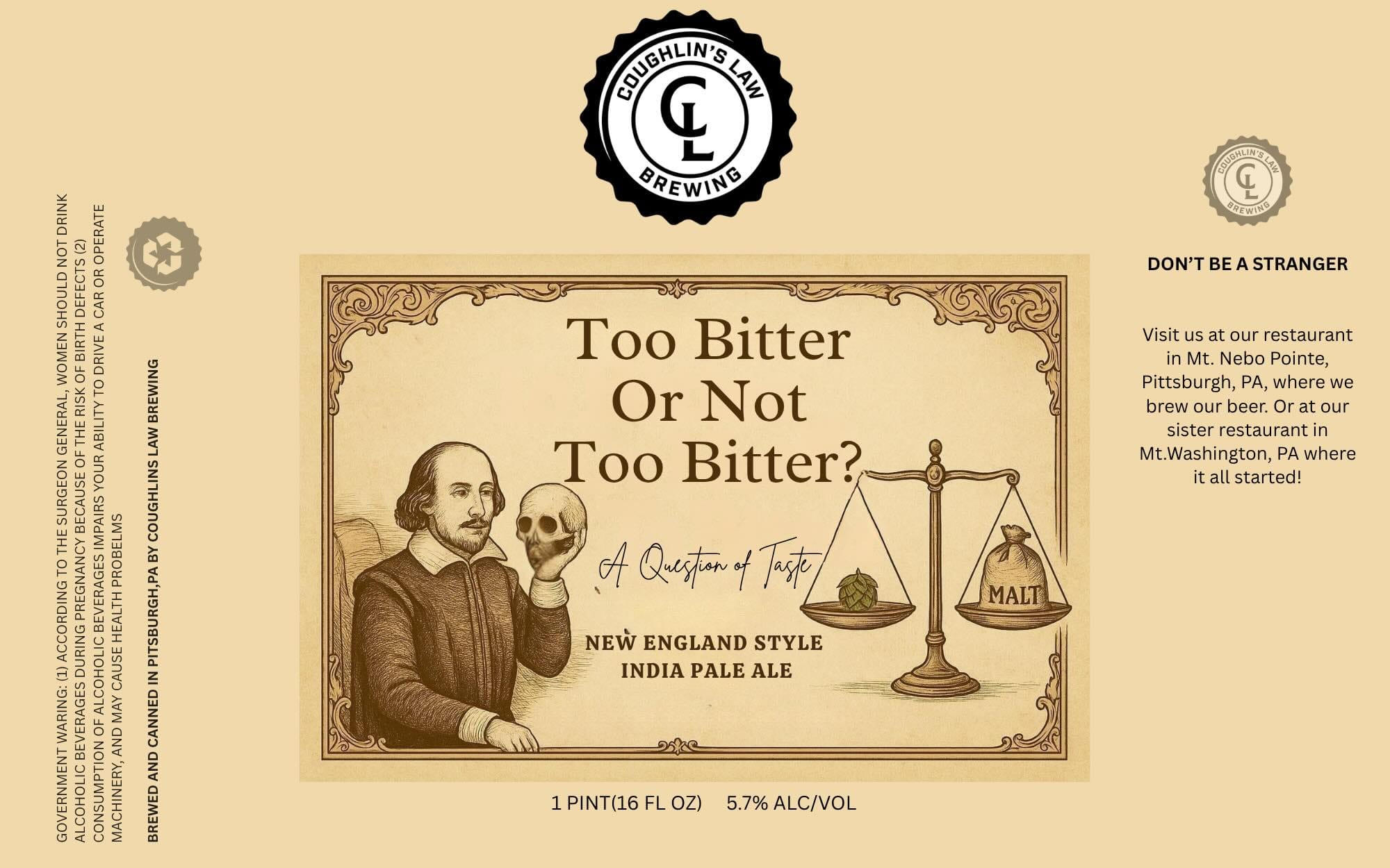 Too Bitter Or Not Too Bitter? by Coughlin’s Law Brewing - beer label