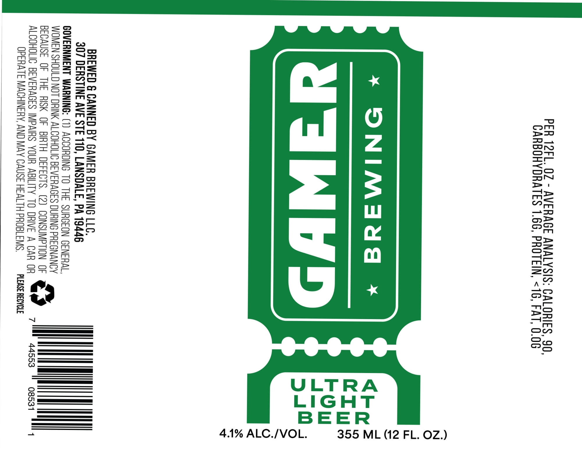 Ultra Light Beer by Gamer Brewing LLC - beer label