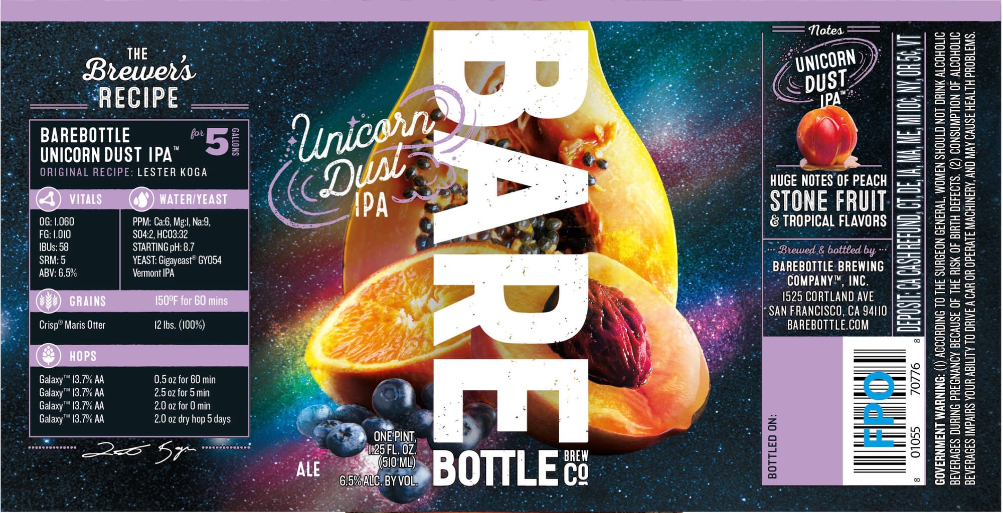 Unicorn Dust IPA by Barebottle Brewing Company - beer label