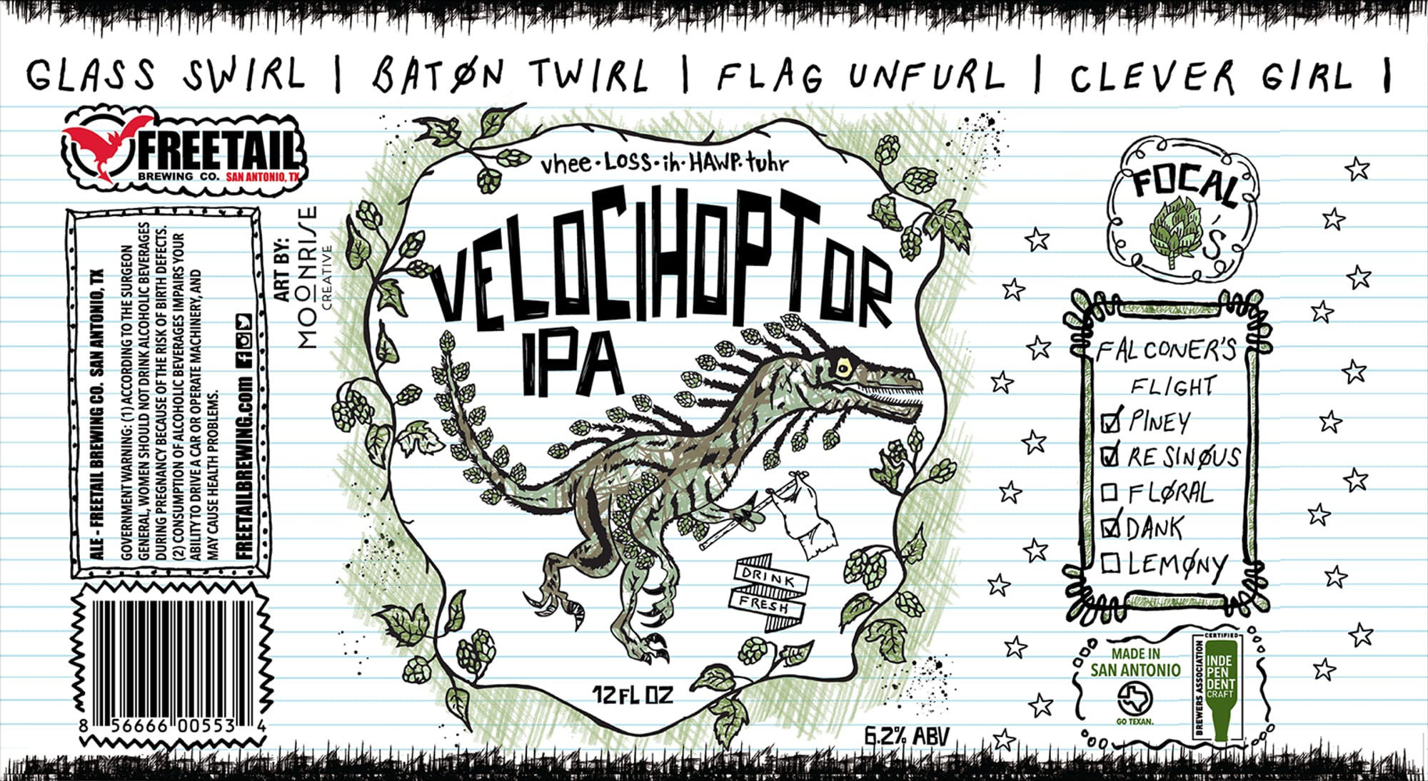 Velociraptor IPA by Freetail Brewing Co. - beer label