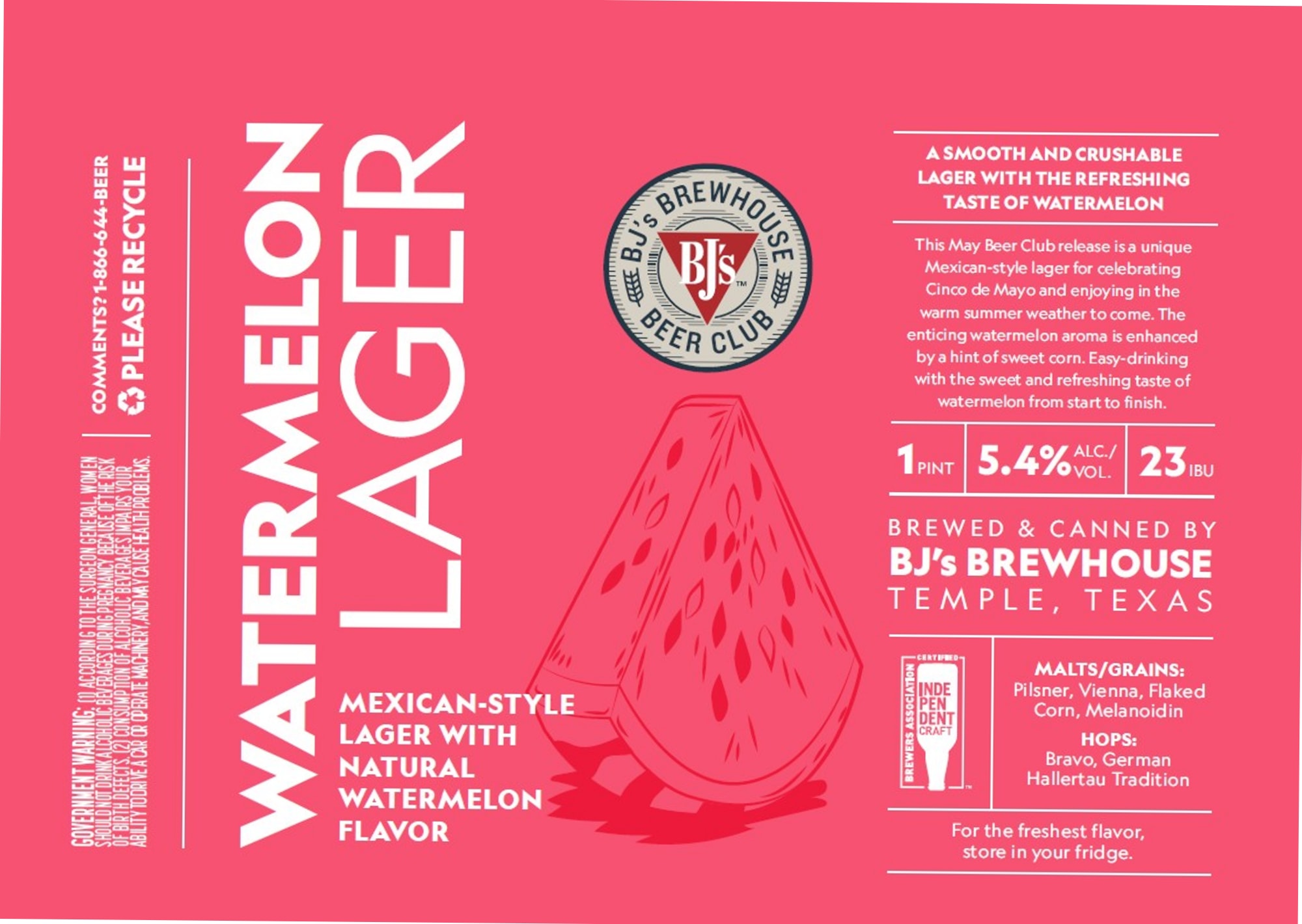 Watermelon Lager by BJ’s Brewhouse - beer label