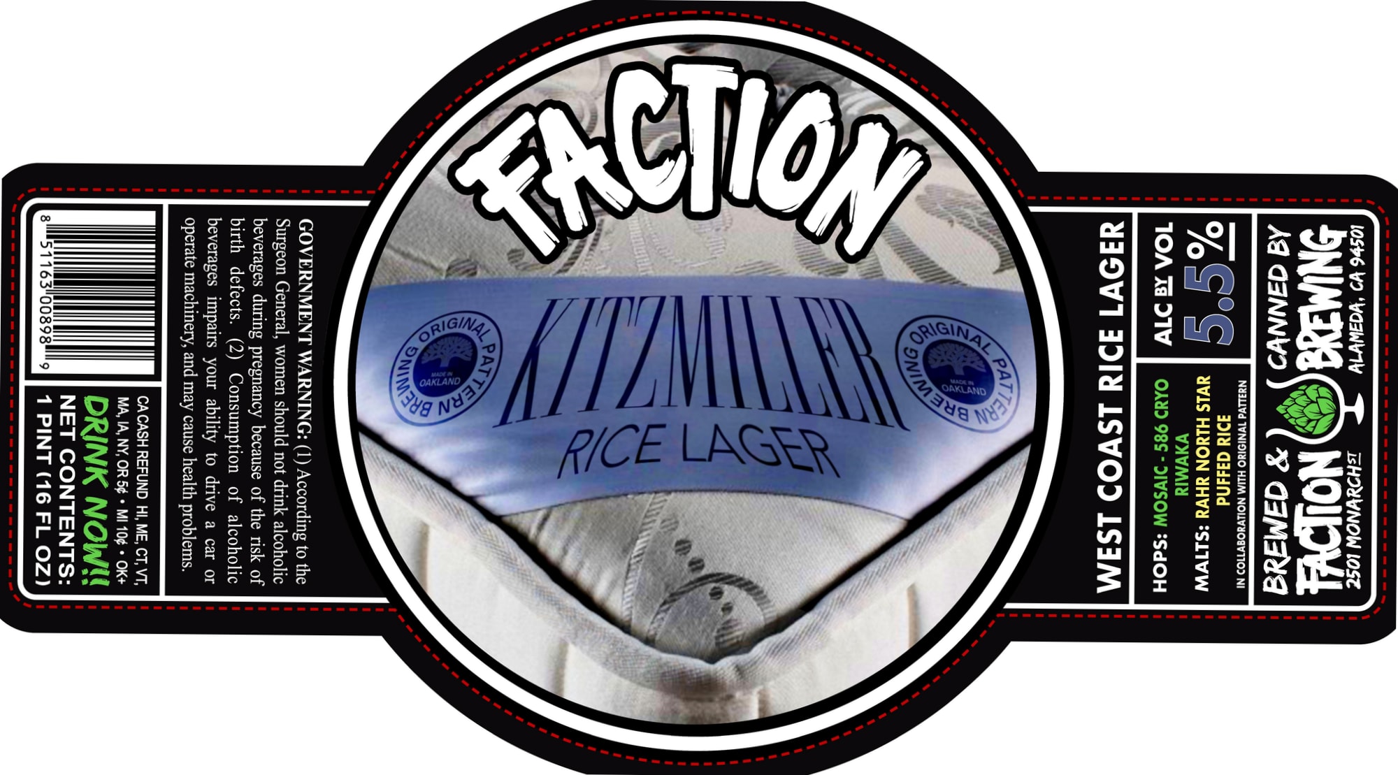 West Coast Rice Lager by Faction Brewing - beer label
