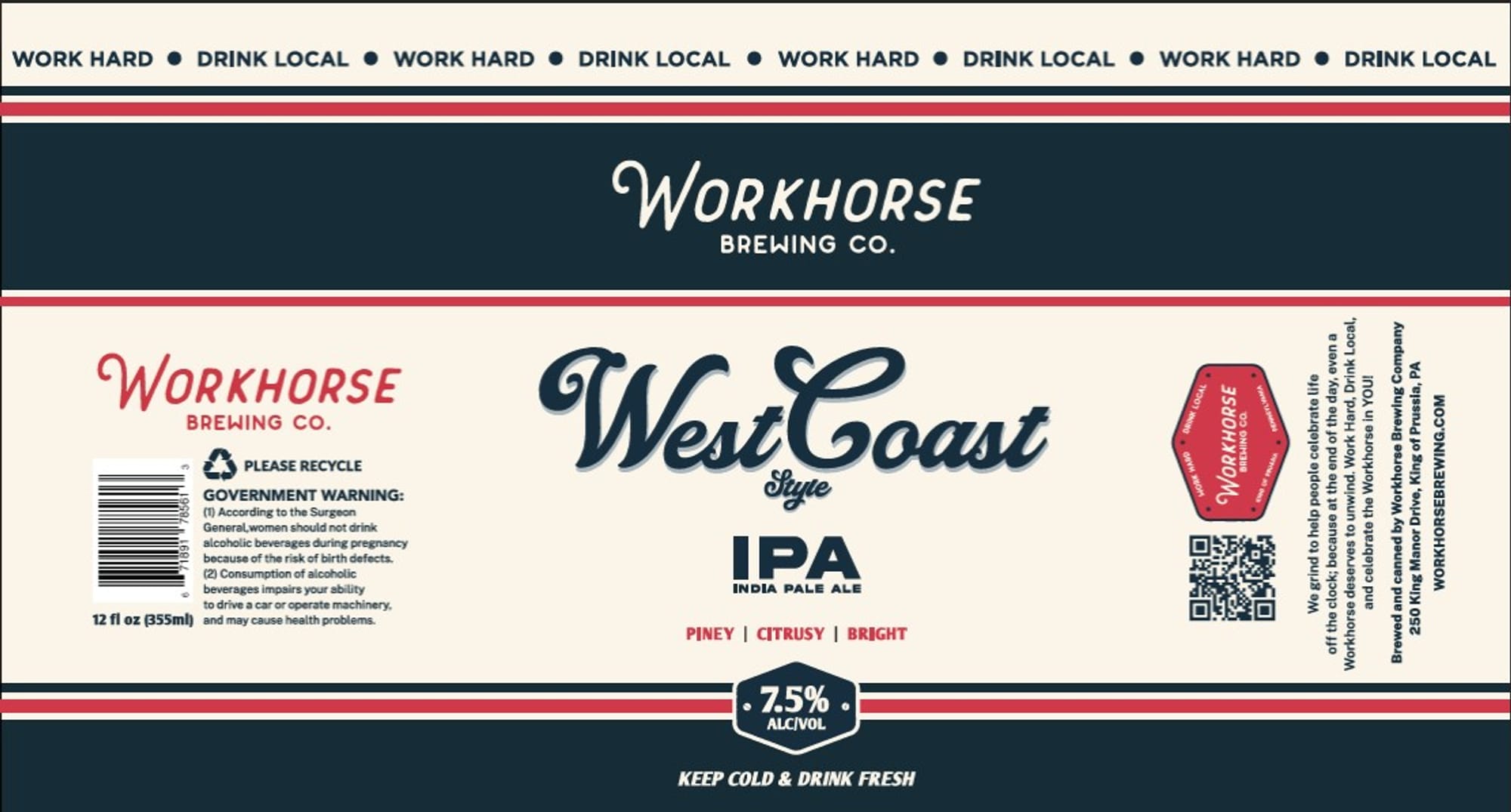 West Coast Style IPA by Workhorse Brewing Co. - beer label
