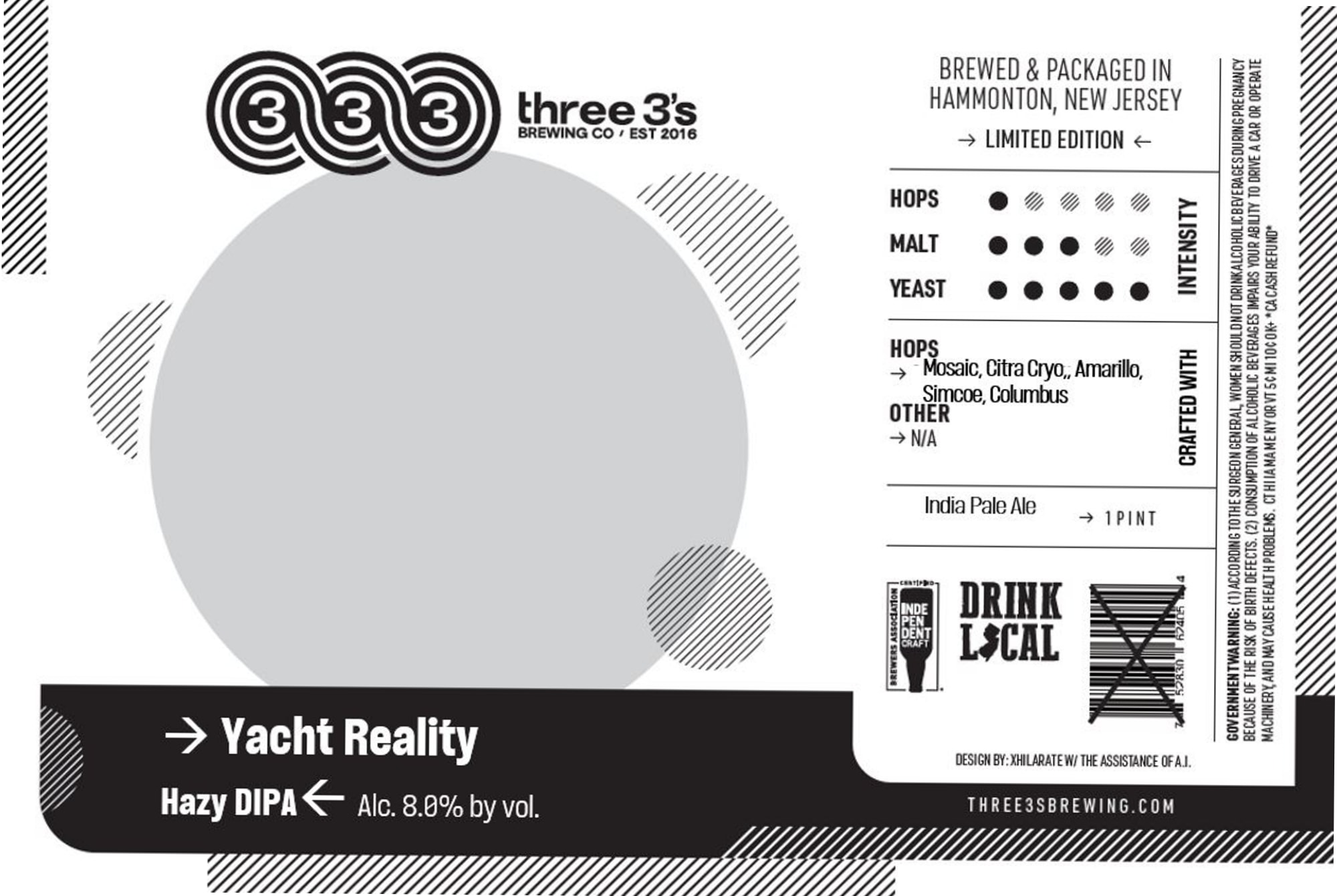 Yacht Reality by Three 3’s Brewing Co. - beer label