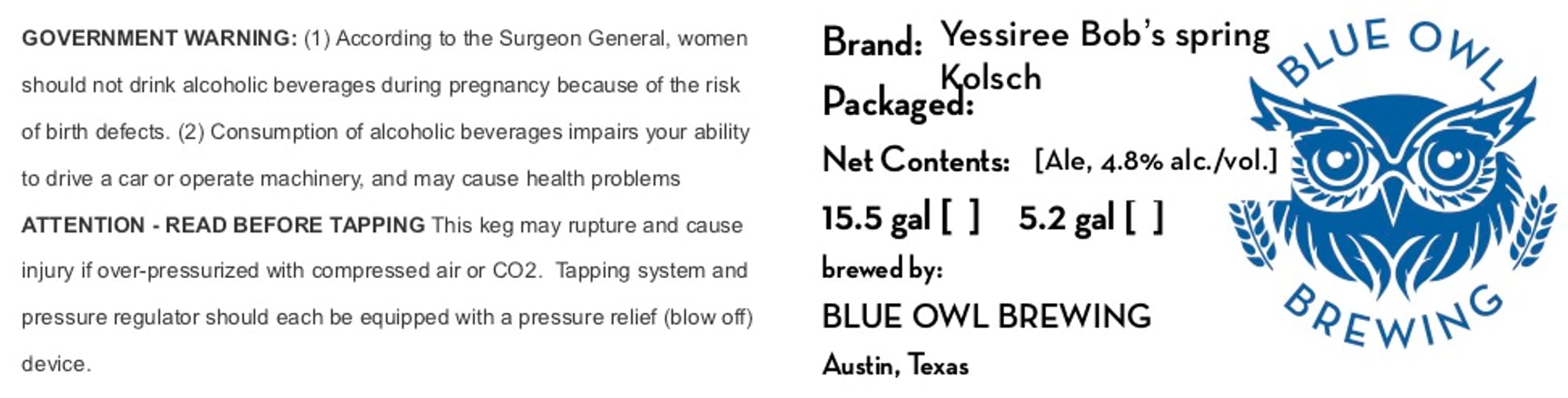 Yessiree Bob’s spring Kölsch by Blue Owl Brewing - beer label