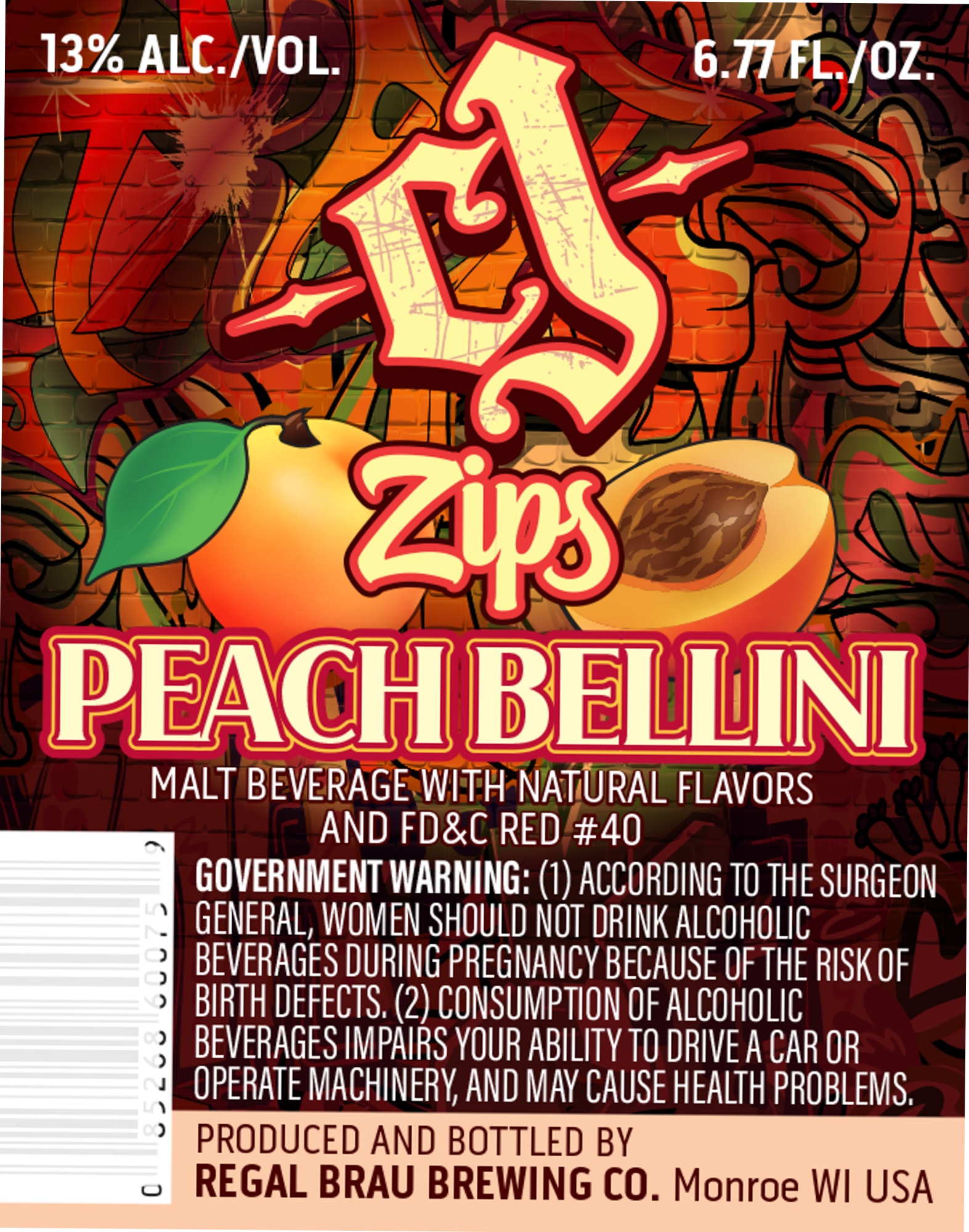 Zips Peach Bellini by Regal Brau Brewing Co. - beer label